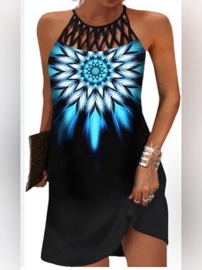 Casual A-Line Black Dress with Blue Radiant Mandala Print